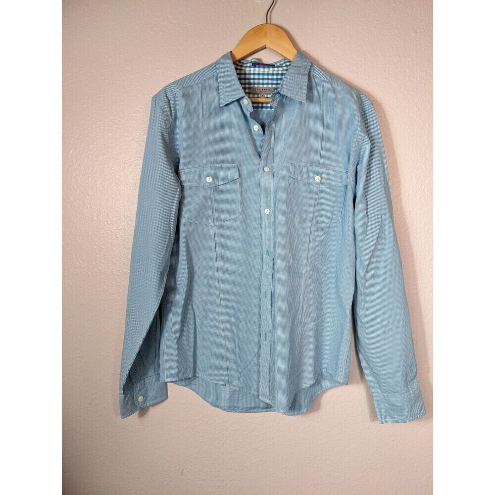 Ted Baker London Men Navy Blue Button Down Plaid Shirt Sz 5 XL Pocket Collar N22